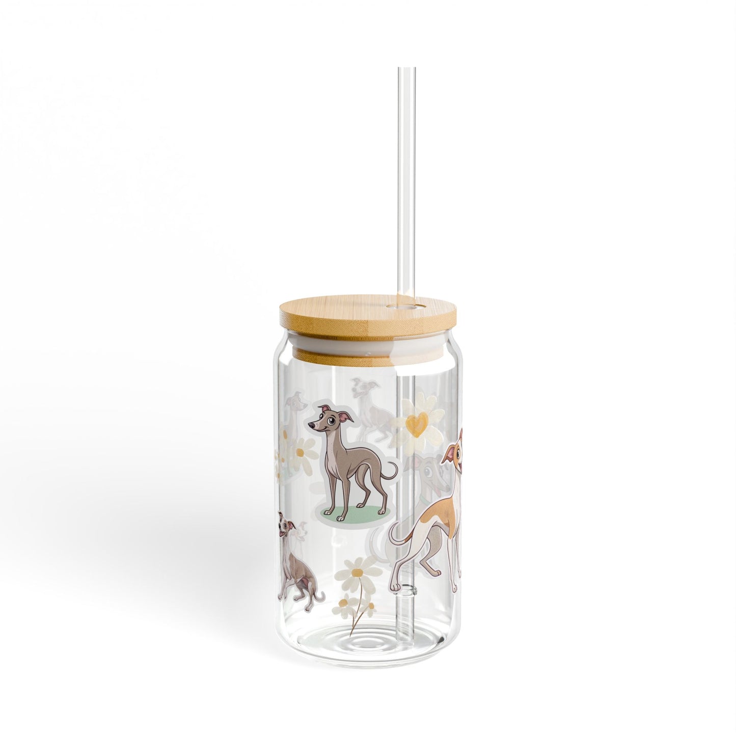 Whimsical Dog-Themed Sipper Glass, 16oz - Cute Canine Drinkware for Pet Lovers, Gifts for Dog Owners, Summer Hydration, Floral Design