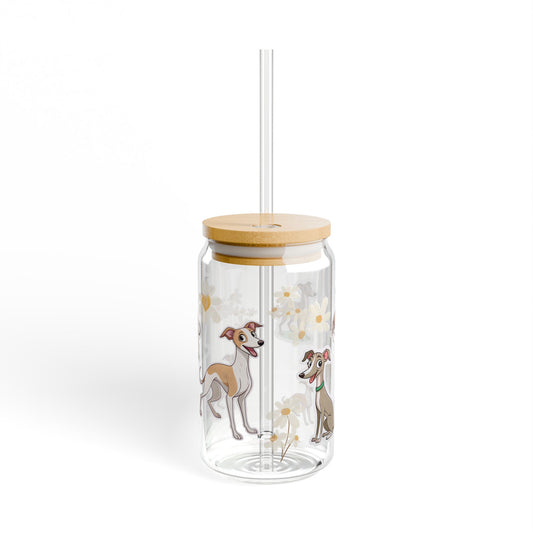 Whimsical Dog-Themed Sipper Glass, 16oz - Cute Canine Drinkware for Pet Lovers, Gifts for Dog Owners, Summer Hydration, Floral Design