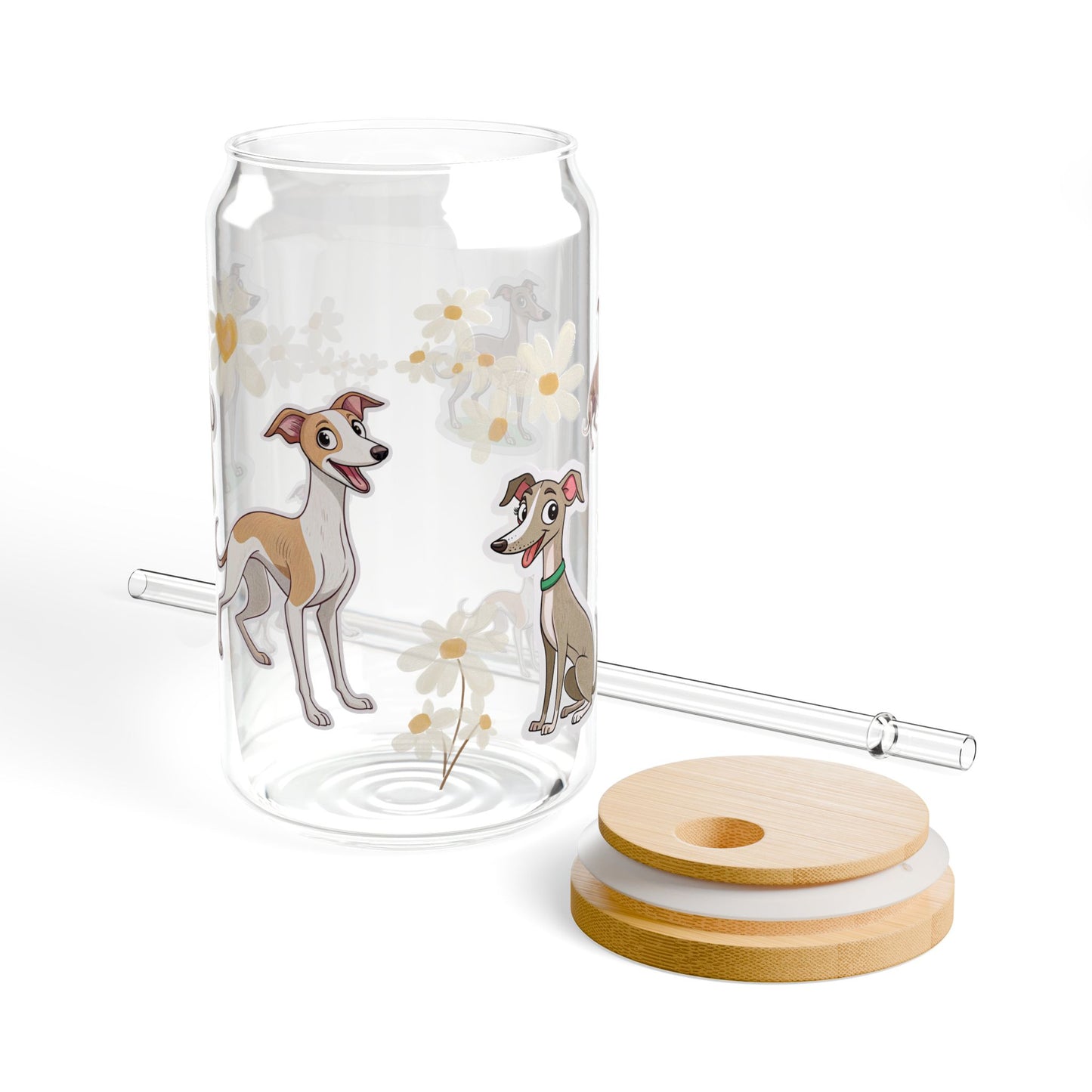 Whimsical Dog-Themed Sipper Glass, 16oz - Cute Canine Drinkware for Pet Lovers, Gifts for Dog Owners, Summer Hydration, Floral Design