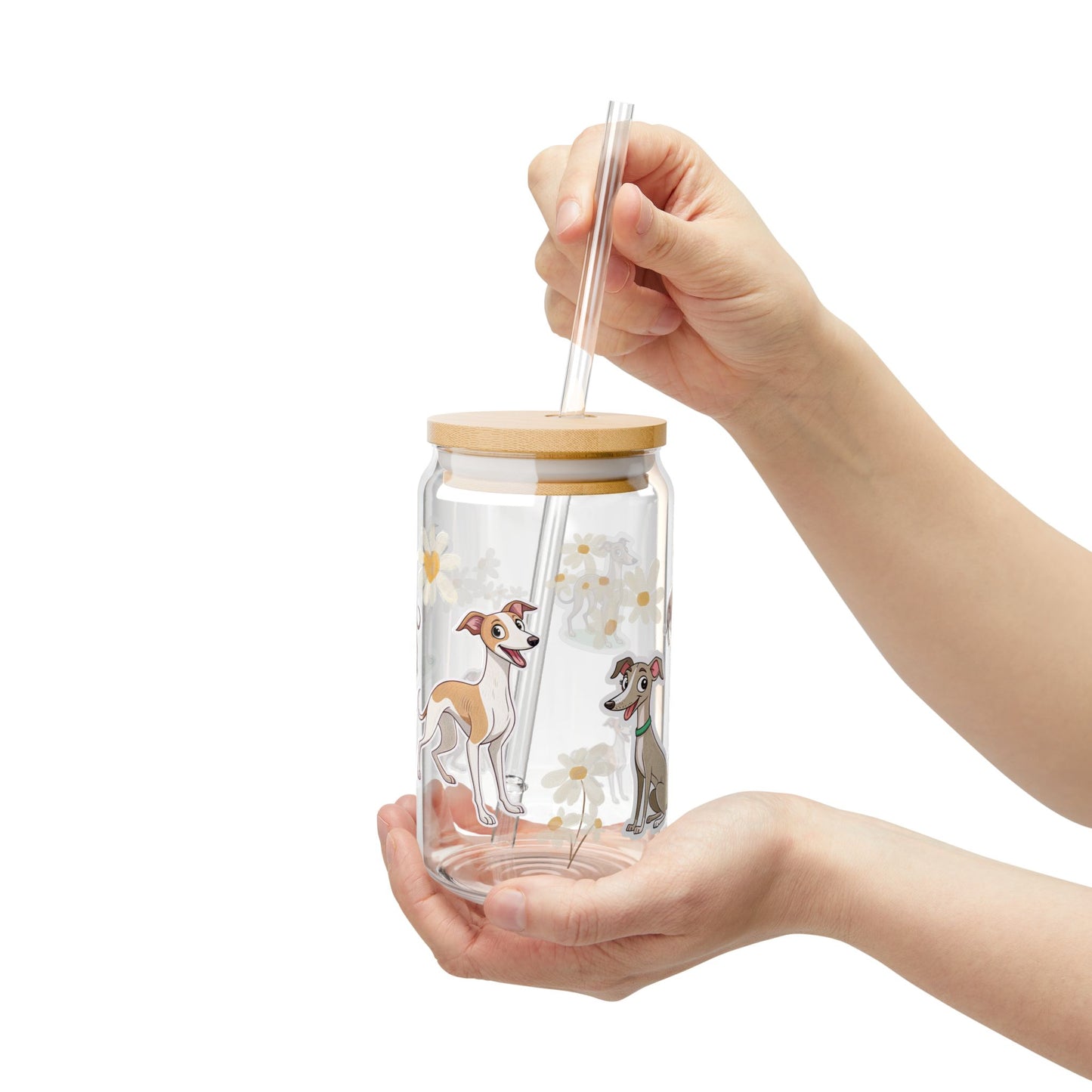 Whimsical Dog-Themed Sipper Glass, 16oz - Cute Canine Drinkware for Pet Lovers, Gifts for Dog Owners, Summer Hydration, Floral Design