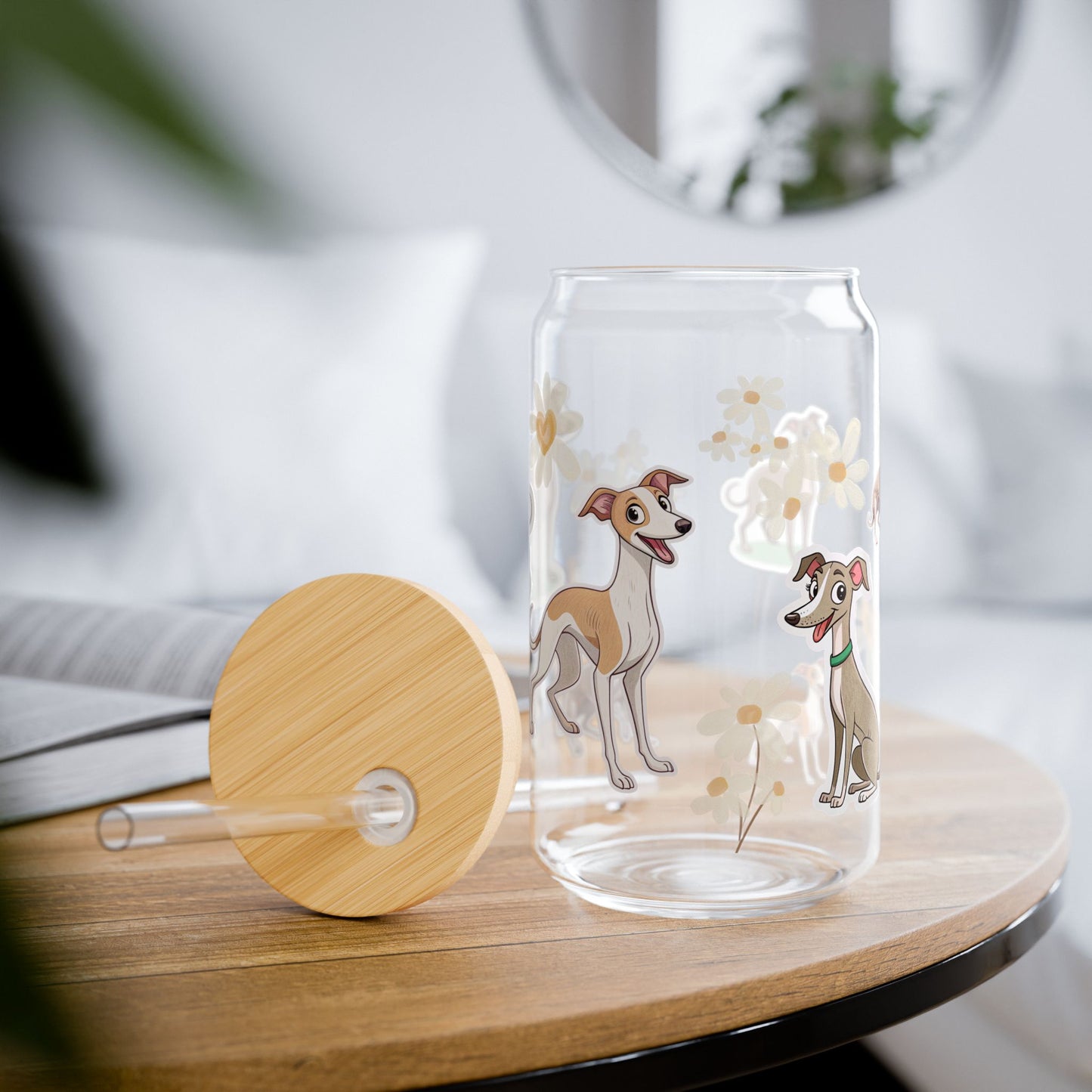 Whimsical Dog-Themed Sipper Glass, 16oz - Cute Canine Drinkware for Pet Lovers, Gifts for Dog Owners, Summer Hydration, Floral Design